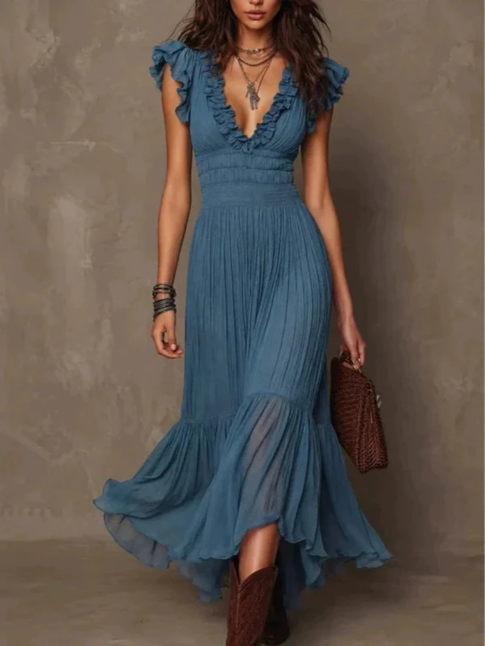 Retro Misty Blue Ruffle Collar Flutter Sleeve Pleated Waist Vacation Maxi Dress